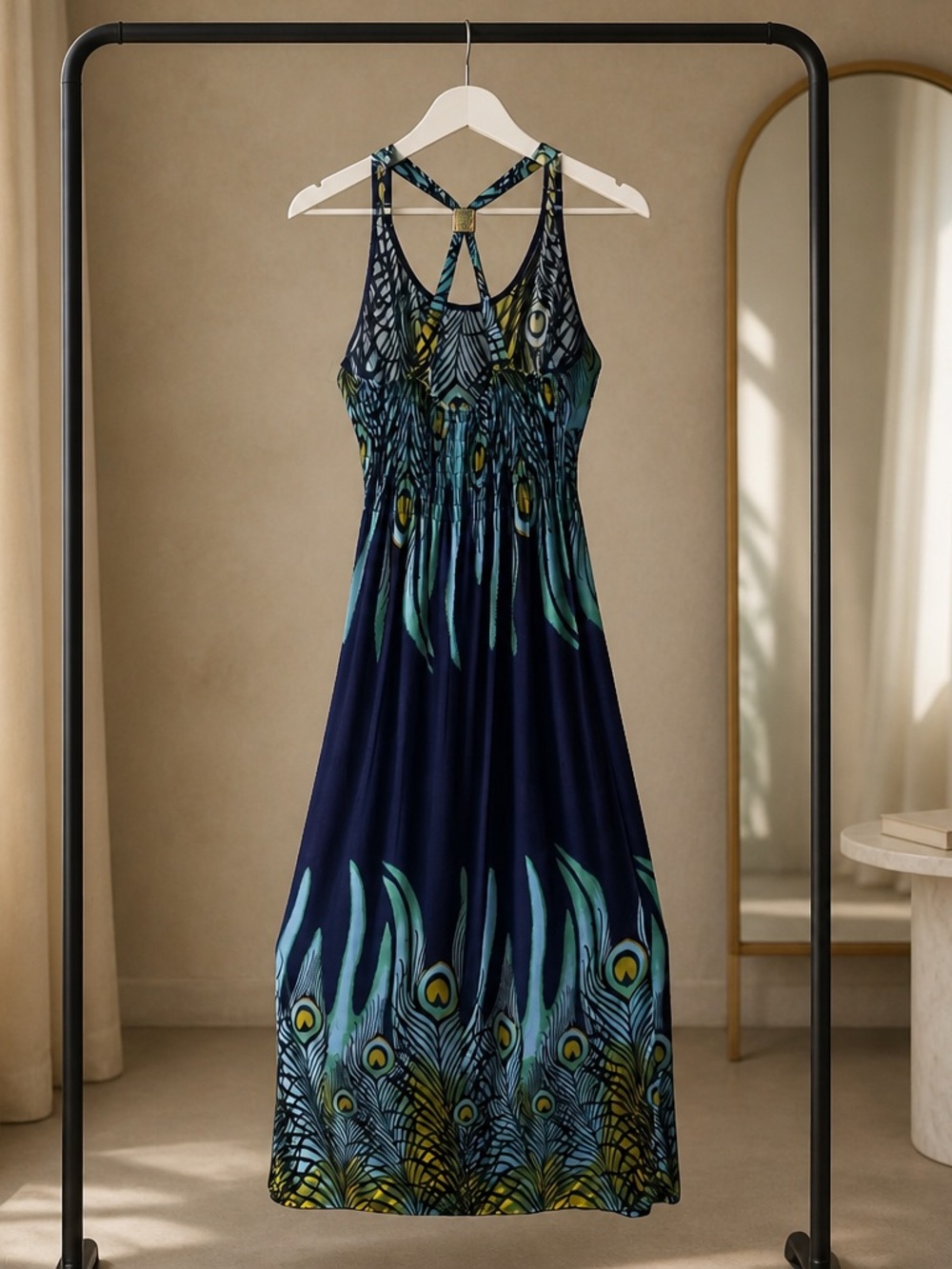 Peacock-Print Navy Maxi Dress with Strappy Back